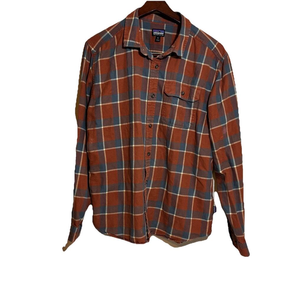 Men's Patagonia Brown Orange Organic Cotton Plaid Shirt XL Extra Large L/S